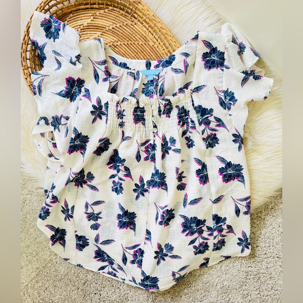 Draper James Blue Floral White Blouse Size XL